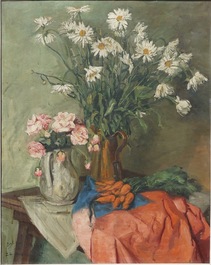 Sadji (Sha Qi, Sha Yinnian) (1914-2005), Stilleven met bloemen en wortelen, olie op doek, gedat. 1945